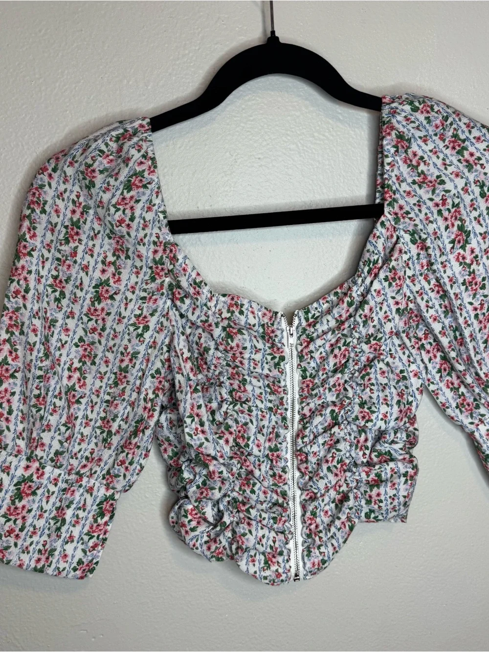 Fanco Floral Ruched Crop Top Puff Sleeve Blouse Ditzy Top